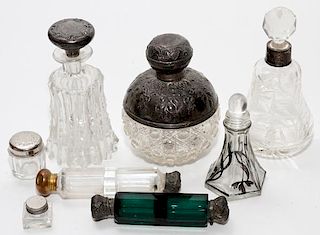 GLASS AND COLORED GLASS PERFUME BOTTLES 8 PIECES