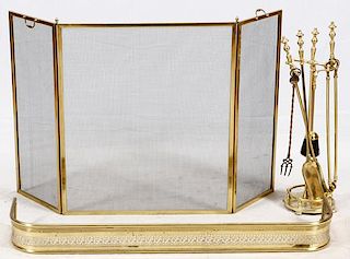 BRASS FIRE PLACE TOOLS FENDER & SCREEN 3 PIECES