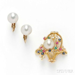 Cultured Pearl Pendant/Brooch and Earclips