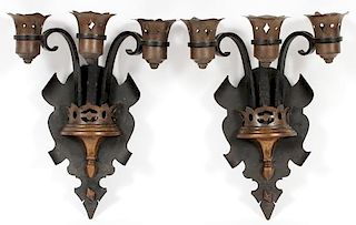 DECO COPPER AND WROUGHT IRON WALL SCONCES PAIR