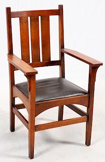 ARTS AND CRAFTS OAK OPEN ARMCHAIR EARLY 20TH C.