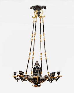 Louis Philippe Style Black Patinated Metal and Parcel-Gilt Eight-Light Chandelier