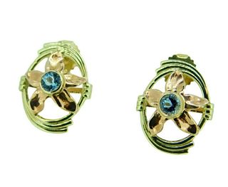 Retro 14k Gold Genuine Natural Aquamarine Earrings w/ Rose Gold Flowers 