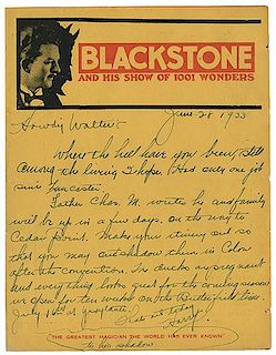 Autograph Letter Signed, “Harry,” to Walter B. Gibson (Harry Blackstone)