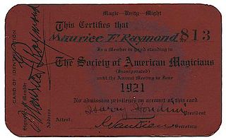 The Great Raymond's S.A.M. Membership Card, Signed by Harry Houdini and Raymond