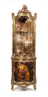 A Louis XV Giltwood and Vernis Martin-Decorated Corner Vitrine Height 82 inches.