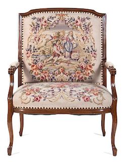 A Louis XVI Stlye Fauteuil Height 42 x width 32 x depth 21 inches.