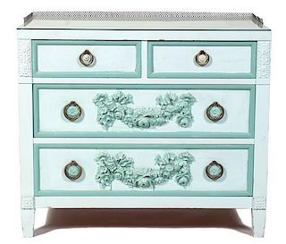 A Neoclassical Style Painted Chest of Drawers Height 28 x width 33 x depth 20 inches.