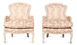 A Pair of Louis XV Style Painted Bergeres Height 34 inches.