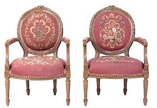 A Pair of Louis XVI Style Fauteuils Height 36 inches.