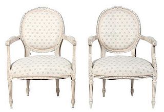A Pair of Louis XVI Style White Painted Fauteuils Height 35 inches.