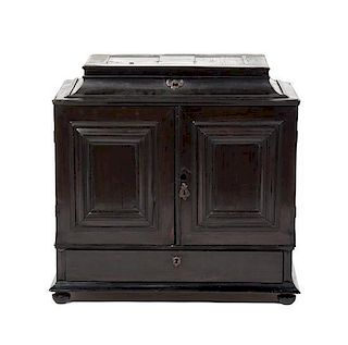 An Italian Ebony and Tortoise Shell Collector's Cabinet Height 23 1/2 x width 24 x depth 12 inches.