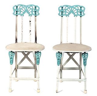 A Pair of French Painted Iron Folding Chairs Height 33 inches.