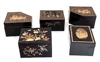 Five Lacquered Boxes Width of largest 4 3/4 inches.