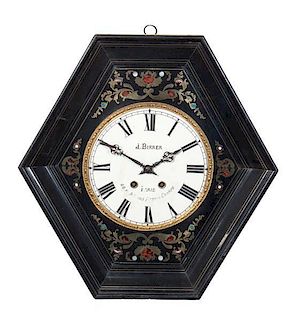 A French Brass Inlaid Ebonized Wall Clock Height 19 inches.