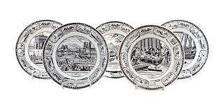 Five French Transfer Decorated Plates Diameter 8 inches.