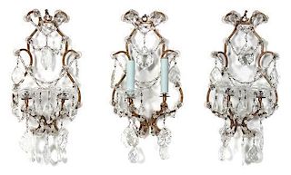 Three Beaded Glass Two-Light Sconces Height 14 inches.