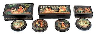 Seven Russian Lacquered Boxes Length of largest 7 x width 4 1/4 inches.