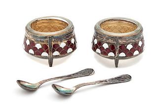 A Pair of Enameled Salt Cellars Height 1 1/4 inches.