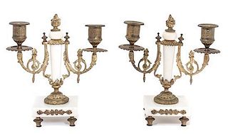 A Pair of French Gilt Bronze and Marble Two-Light Candelabra Height 8 1/2 inches.