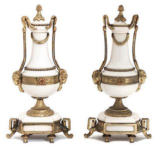 A Pair of French Gilt Bronze and Marble Urns Height 13 inches.
