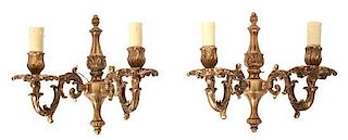 A Pair of French Gilt Metal Two-Light Sconces Height of first 9 3/4 inches.