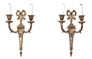A Pair of Gilt Metal Two-Light Sconces Height 13 inches.