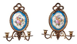 A Pair of Sevres Style Porcelain Mounted Gilt Bronze Two-Light Sconces Height 14 1/2 inches.