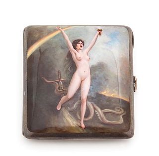 A Silver and Porcelain Painted Cigarette Box Length 3 inches.