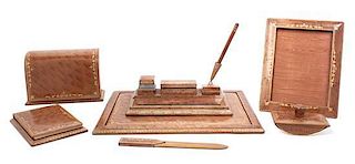 An Italian Leather Desk Set Length of tray 17 3/4 x width 13 inches.