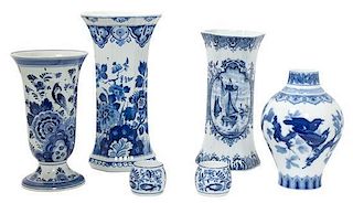 Four Delft Blue and White Porcelain Articles Height of tallest 11 inches.