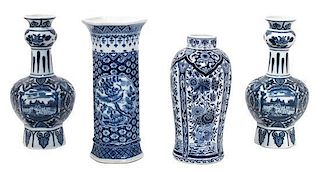 Four Delft Blue and White Porcelain Articles Height of tallest 9 1/4 inches.