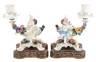 A Pair of Meissen Porcelain Candlesticks Height 8 inches.