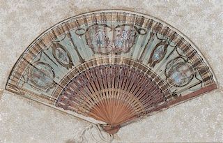 Five French Painted Paper Fans Height of largest frame 15 x width 24 1/2 inches.