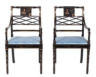A Pair of Regency Style Ebonized Armchairs Height 36 1/2 inches.