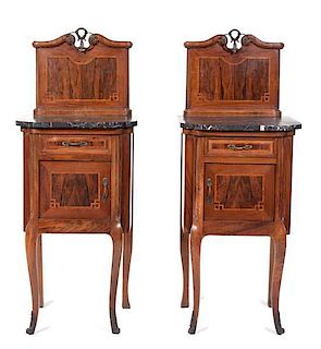 A Pair of Transitional Style Parquetry Bedside Tables Height 47 x width 19 x depth 16 1/2 inches.