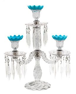 A Victorian Glass Three-Light Candelabrum Height 17 inches.