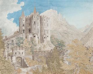 An English Needlework Picture of a Castle 11 1/4 x 14 1/4 inches.
