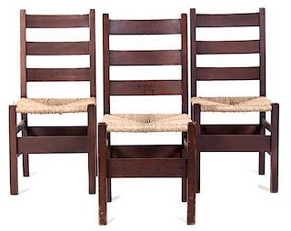Three Mahogany Ladder Back Chairs Height 36 inches.