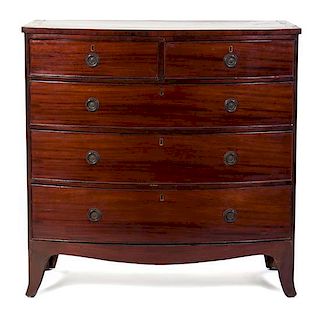 An American Mahogany Bowfront Chest of Drawers Height 41 x width 40 1/2 x depth 20 1/2 inches.