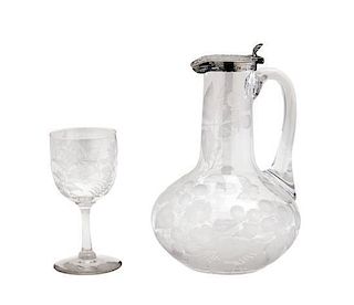 An Etched Glass and Silver Pitcher Height 7 1/4 inches