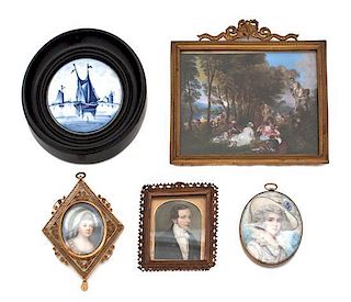 A Collection of Five Portrait Miniatures Height of largest frame 5 3/8 x width 5 3/8 inches.