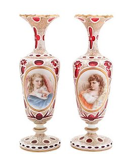 A Pair of Bohemian Enameled Double Overlay Vases Height 14 inches.