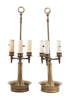 A Pair of Brass Three-Light Table Lamps Height overall 22 3/4 inches.