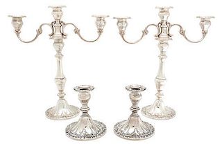 A Pair of American Silver Three Arm Candelabra Height of first 13 inches.