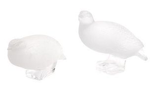 Two Lalique Opalescent Etched Glass Quail Height of taller 5 inches.