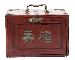 A Chinese Hardwood Metal Mounted Mah-jong Case Height 7 x width 9 1/2 x depth 6 3/8 inches.