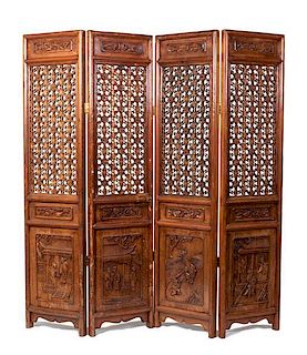 A Chinese Four-Panel Floor Screen Height 96 3/4 inches.