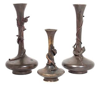A Pair of Japanese Bronzes Vases Height of pair 13 inches.