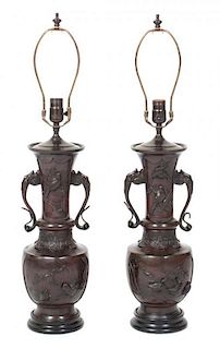 A Pair of Japanese Bronze Table Lamps Height overall 31 inches.